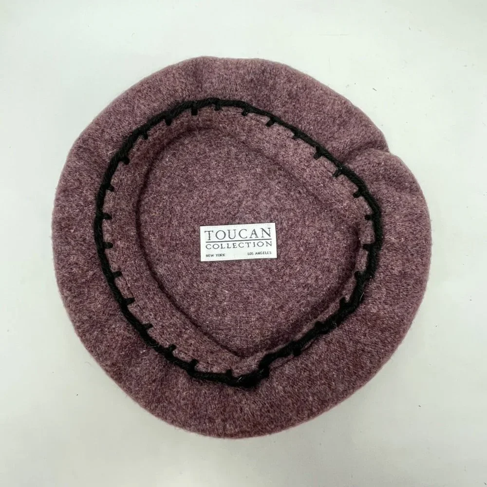 Purple w/Black Accent Beret Toucan Collection Custom Hand Embroidery Wool ‎ READ